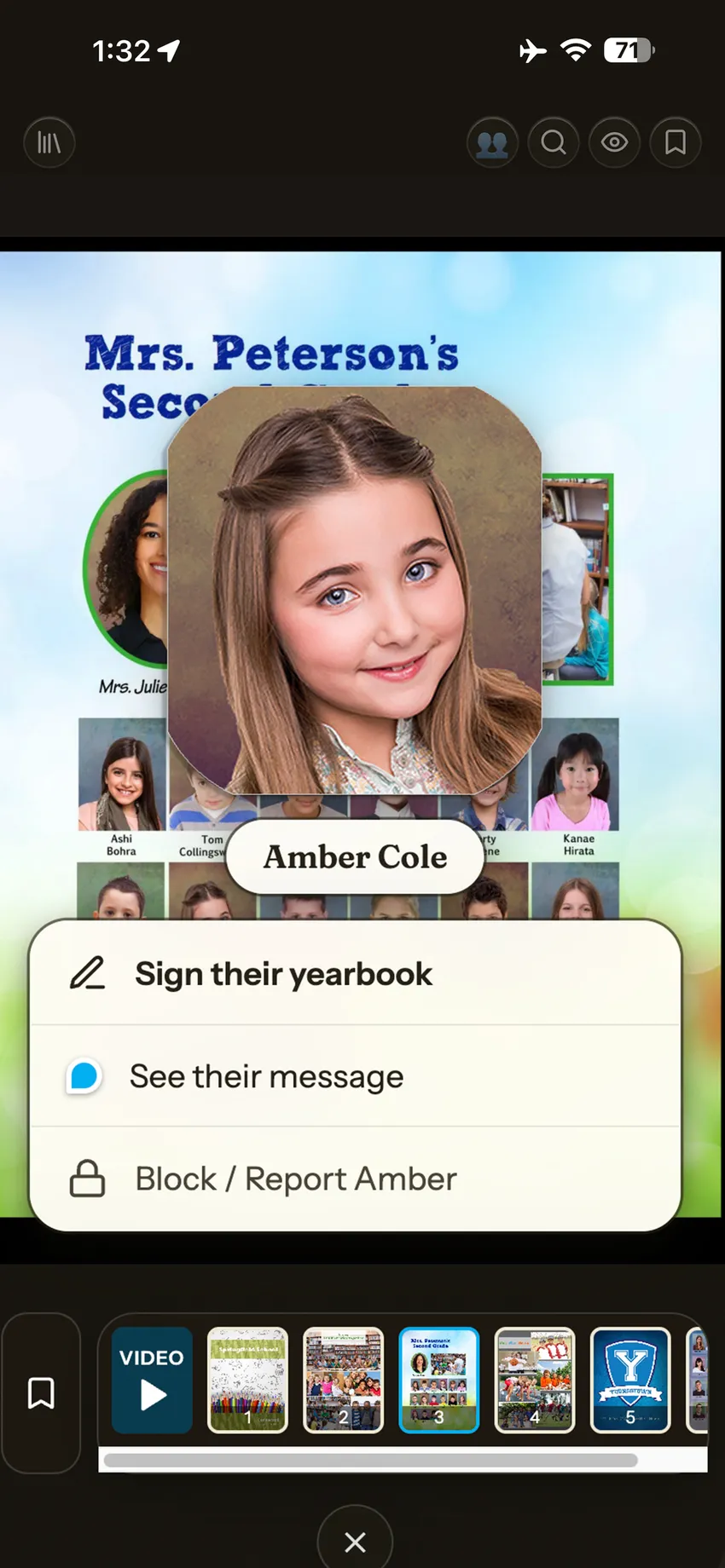 The same yearbook in the FC Yearbook app: tapping Amber Cole’s portrait to sign her yearbook
